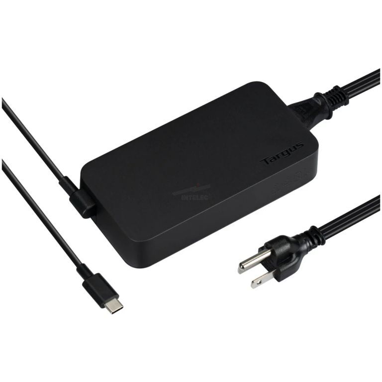 Black laptop charger/power adapter with a USB-C connector and a separate AC plug (Targus brand)