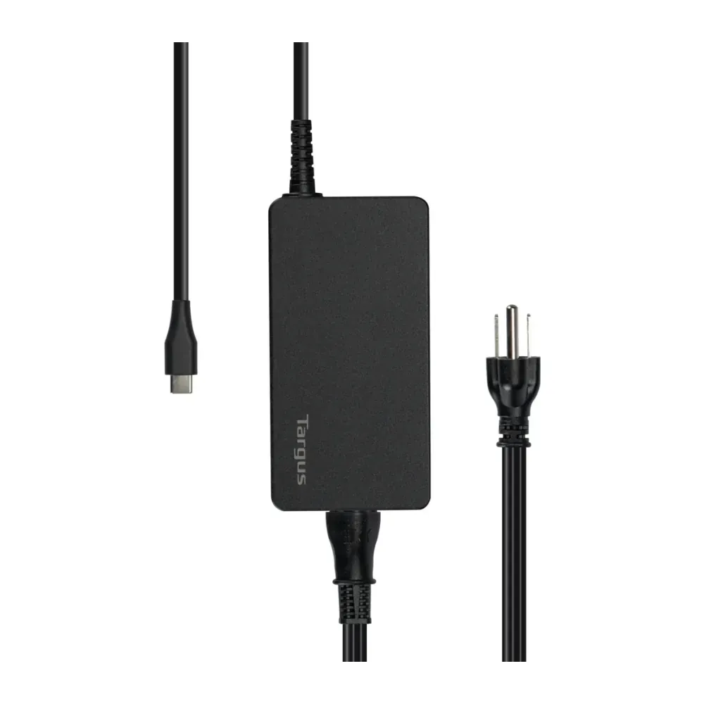 Black rectangular Targus power adapter with a USB-C connector on the left and a two-prong AC plug on the right.