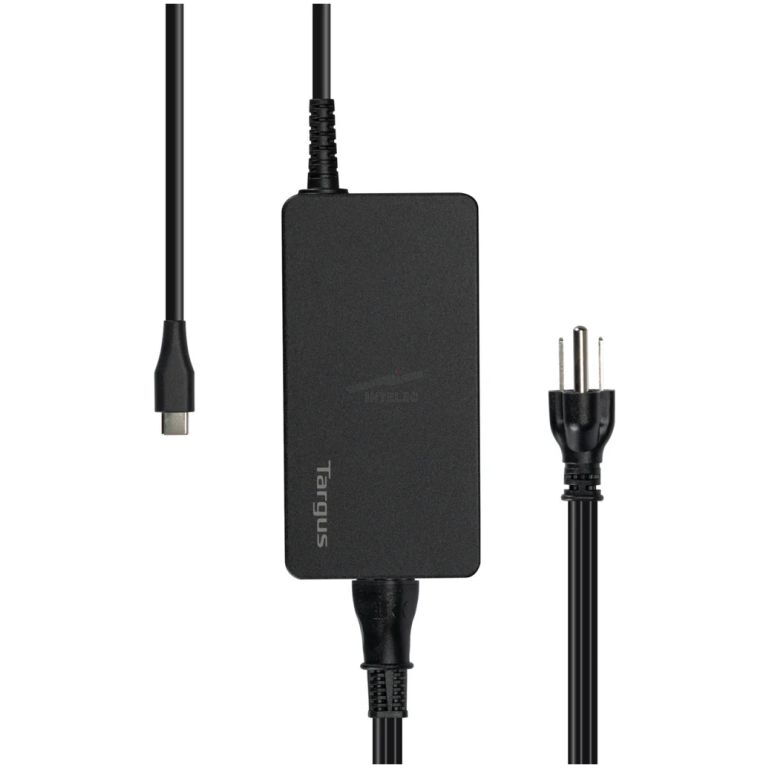 Black rectangular Targus power adapter with a USB-C connector on the left and a two-prong AC plug on the right.