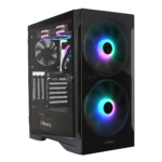 RGB-lit gaming PC case with a glass side panel revealing RGB fans and internal components