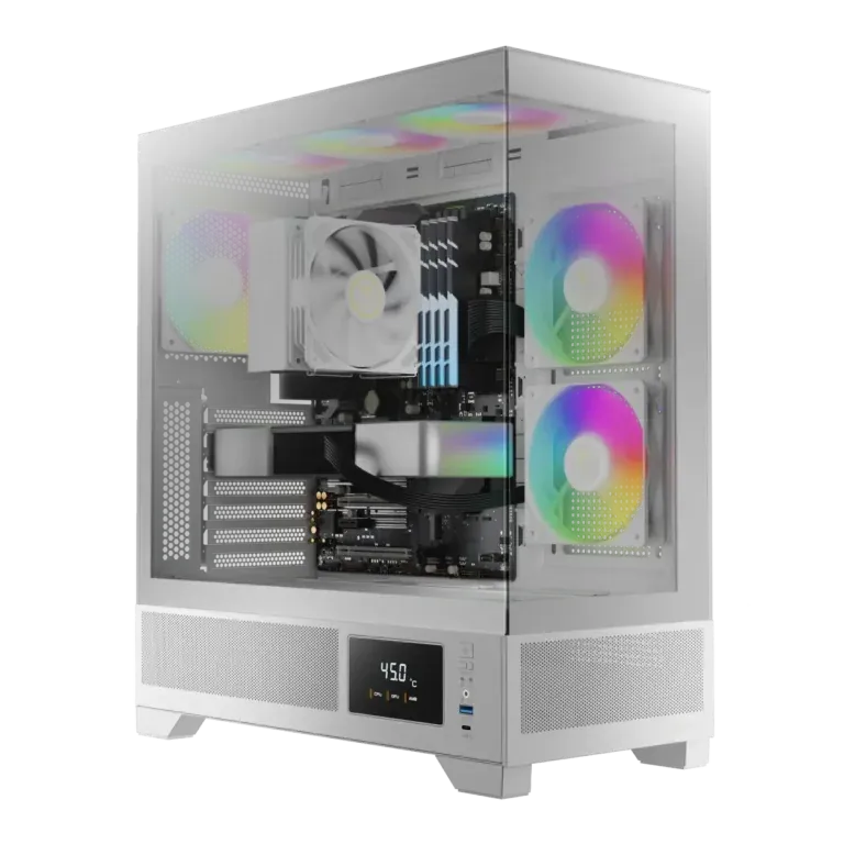 Transparent PC case with glass panel, rainbow RGB fans, and visible cooling hardware; front displays 45.0°C