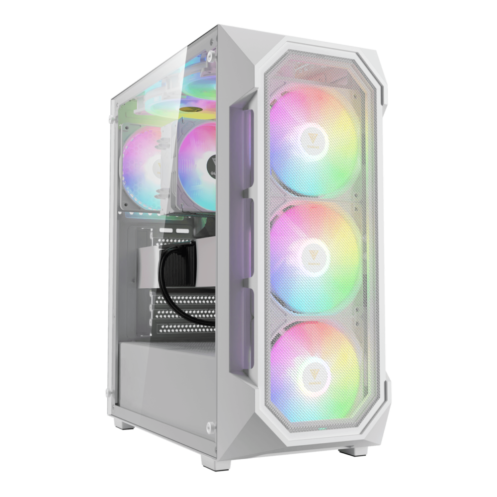 White mid-tower PC case with transparent side panel and rainbow RGB fans in the front mesh railings