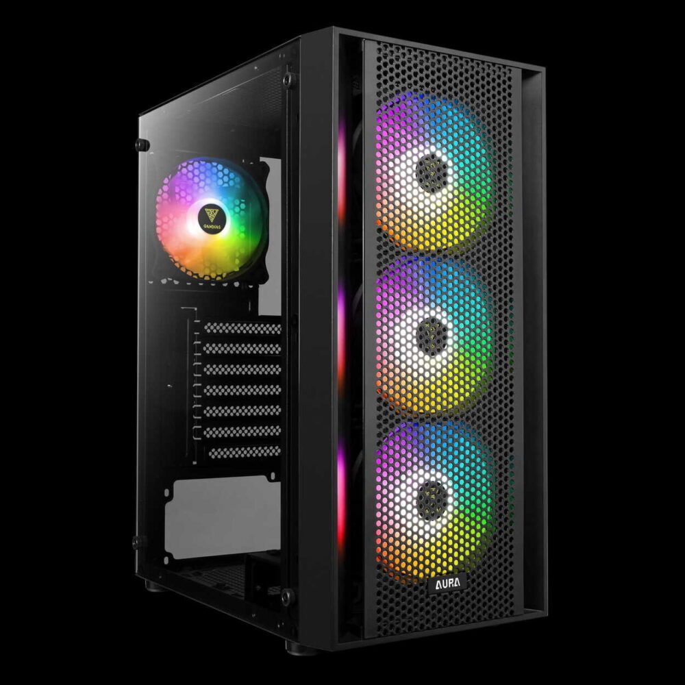 Black mid-tower PC case with a tempered-glass side panel and a perforated front panel showing colorful RGB fans behind a mesh grille, Aura branding at the bottom front.