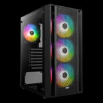 Black mid-tower PC case with a tempered-glass side panel and a perforated front panel showing colorful RGB fans behind a mesh grille, Aura branding at the bottom front.