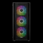 Front view of a black computer tower with a perforated metal front and rainbow RGB fans visible behind the mesh panel.