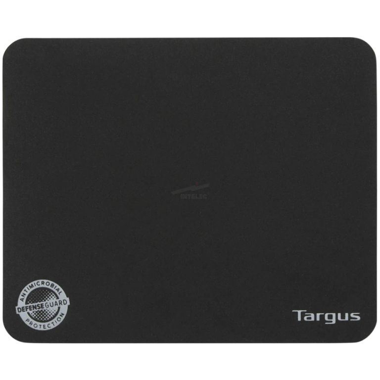 Black rectangular mouse pad with rounded corners; Targus logo bottom right and an antimicrobial DefenseGuard seal bottom left
