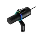 Black studio microphone on a stand with a blue LED ring and rainbow meter for visual indicators.