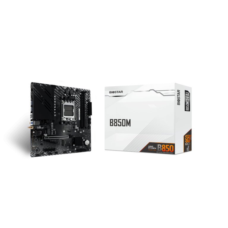Black Biostar motherboard with CPU socket and expansion slots, shown beside a white Biostar B850M box