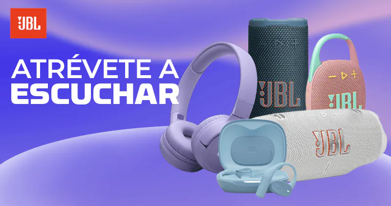 JBL advertisement with over‑ear headphones, a portable speaker and true wireless earbuds on a purple gradient background and the slogan 'ATRÉVETE A ESCUCHAR'.