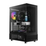 Glass-panel PC case revealing internal components: RGB fans, motherboard, and power supply visible inside the chassis.