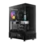 Glass-panel PC case revealing internal components: RGB fans, motherboard, and power supply visible inside the chassis.