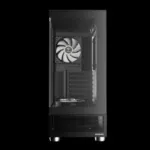 Front view of a black gaming PC case with a large white-fan cooling unit behind a perforated front panel, Gamdias logo bottom-right.