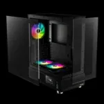 Mid-tower PC case with glass side panels removed, revealing RGB-lit cooling fans and internal components against a black background, angled perspective.