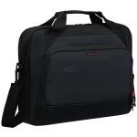 Black laptop bag with top handles and a detachable shoulder strap, front zip pocket, on a white background.