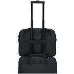 Black rolling suitcase with a retractable handle and a cross-strap securing a smaller bag on top.
