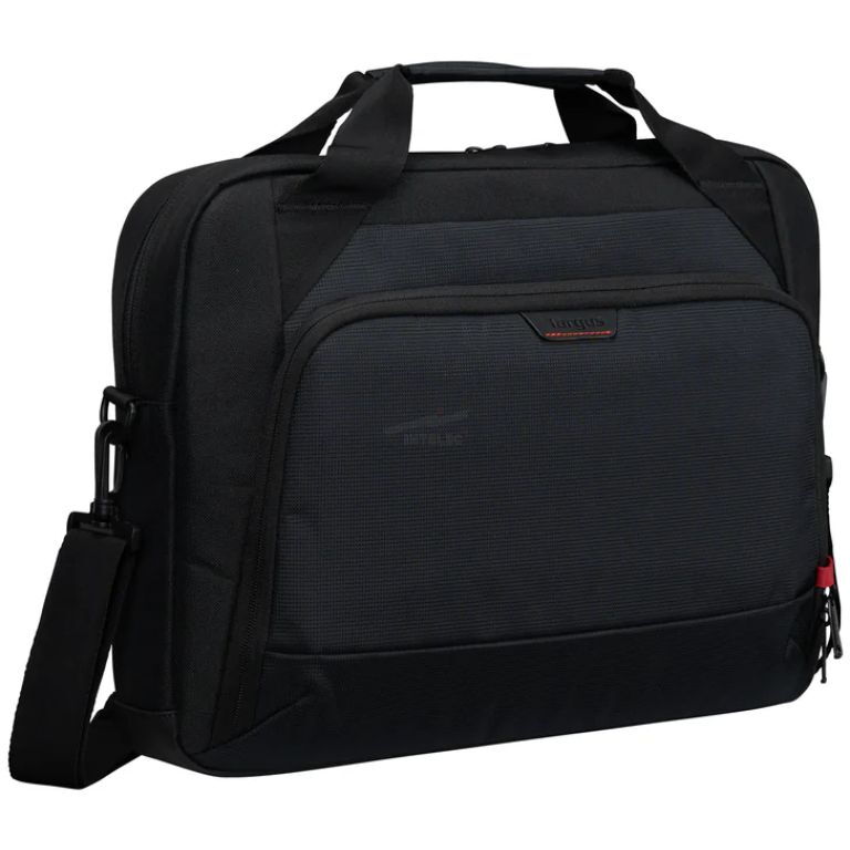 Black laptop bag with top handles and a detachable shoulder strap, front zip pocket, on a white background.