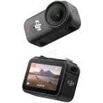 Two-part car dash cam kit: a wide-angle front camera module and a handheld display unit showing a canyon landscape on screen