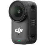 DJI action camera with large front lens and green status LED, compact rugged body ready for outdoor filming