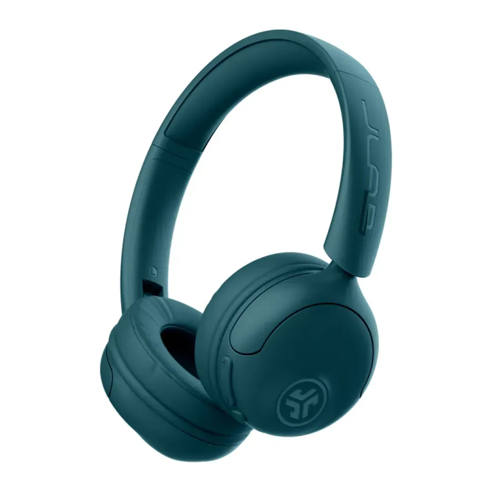 Teal over-ear wireless headphones with cushioned ear cups and a branded logo on the ear cup.