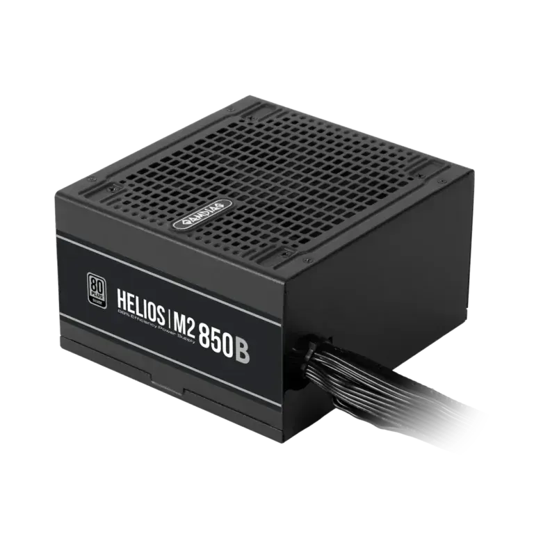 Black computer power supply (HELIOS IM2 850B) with top ventilation grid and bundled cables; 80 PLUS Silver label visible.