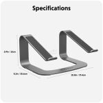 Metal laptop stand with two side arms and a wide base; dimensions show 15 cm tall, 20.6 cm deep, 27.4 cm wide (shown on the image).