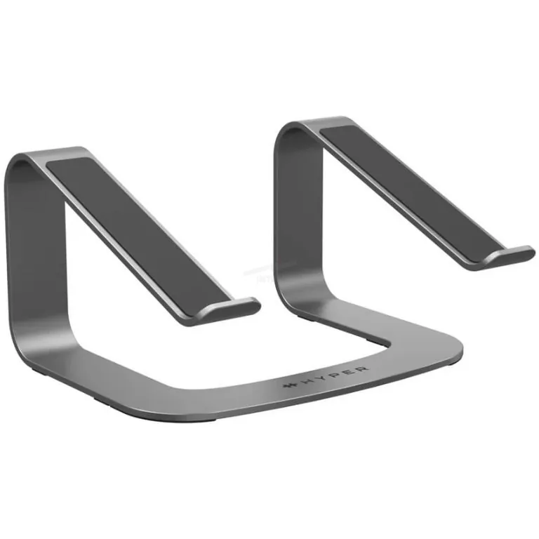 Slim metal laptop stand with two curved arms to elevate a notebook for improved airflow and ergonomics.