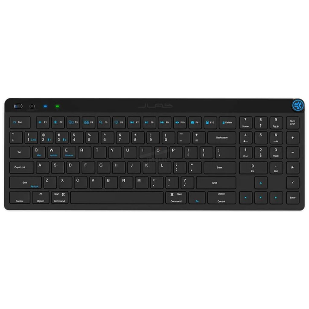 Slim black wireless keyboard with blue status LEDs and compact layout, full-size keys, minimal design.