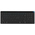 Slim black wireless keyboard with blue status LEDs and compact layout, full-size keys, minimal design.