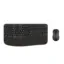 Black wireless keyboard with a curved wrist rest and a matching wireless mouse.