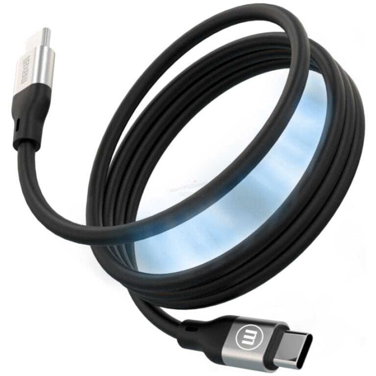 Coiled black USB-C to USB-C charging and data cable with metallic connector heads on each end.