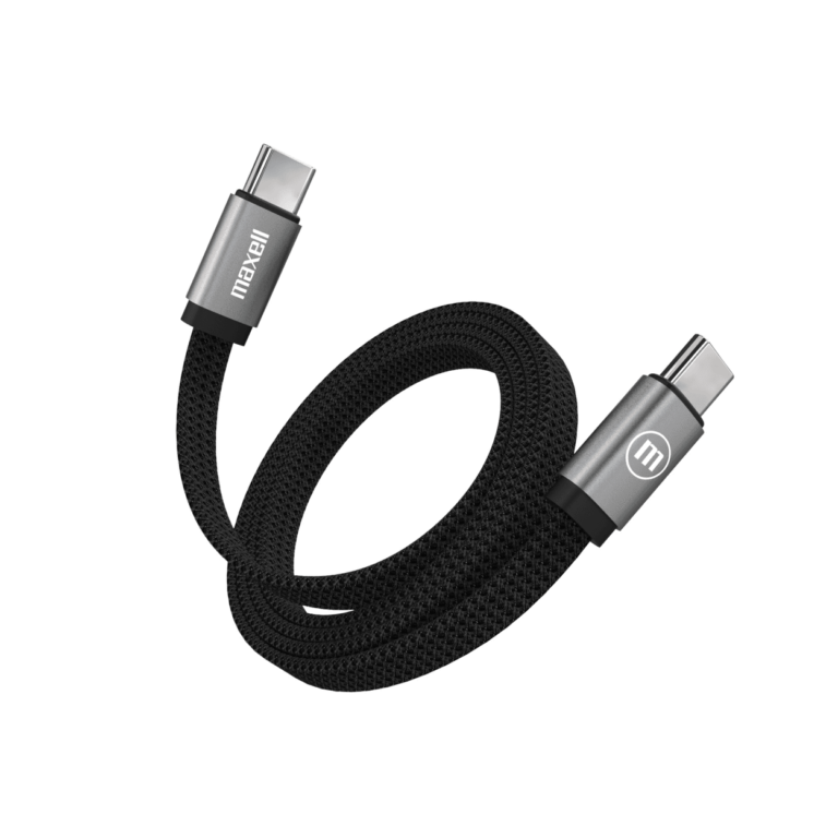 Braided USB-C to USB-C charging cable with gray metal ends and Maxell branding on the connectors