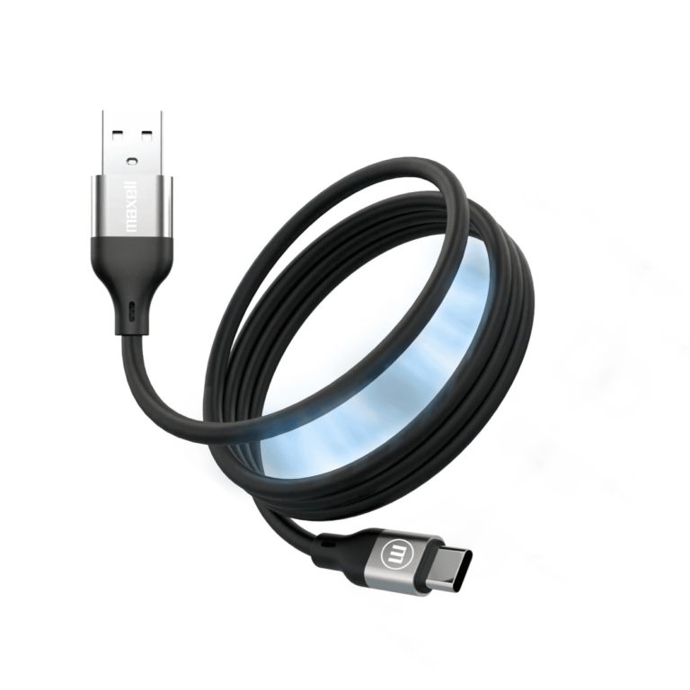 USB-A to USB-C charging cable, black and coiled, used for charging or data transfer.