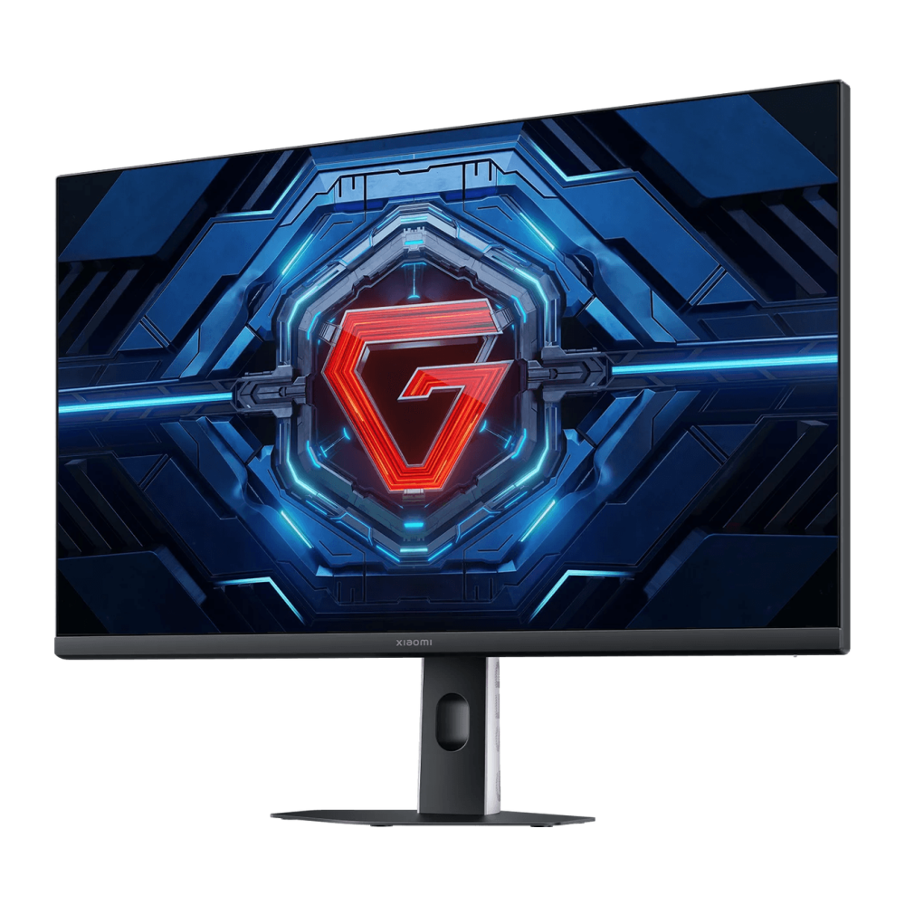 Gaming monitor on a stand displaying a blue neon hexagonal design with a red glowing G emblem.