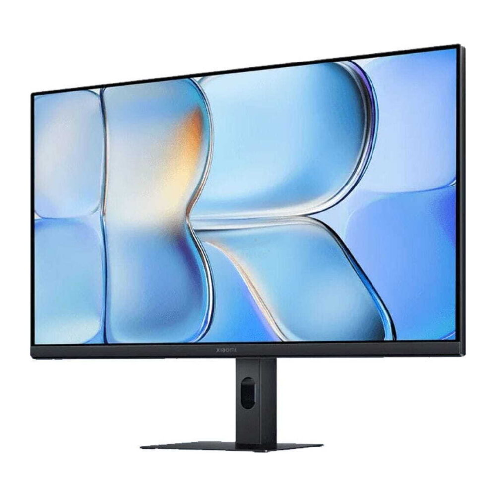 Widescreen computer monitor on a black stand displaying a blue abstract wallpaper; brand Xiaomi visible on the bezel.