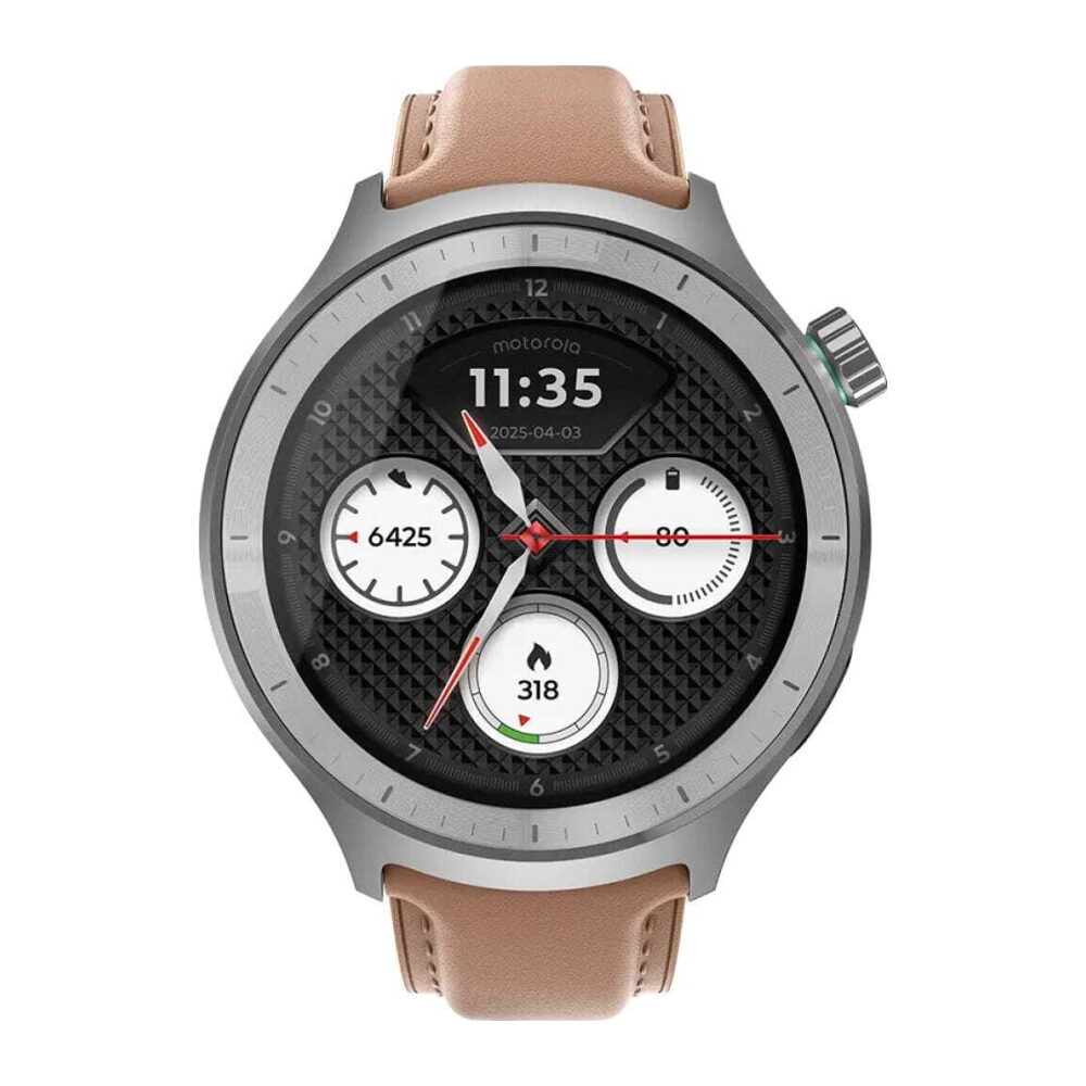 Motorola smartwatch with a gray metal case and tan leather strap; three white dials on a black textured face showing 11:35 and the date 2025-04-03.
