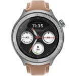 Motorola smartwatch with a gray metal case and tan leather strap; three white dials on a black textured face showing 11:35 and the date 2025-04-03.