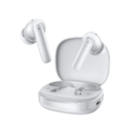 Open white wireless earbuds charging case with two earbuds visible, glossy finish and silicone tips, against a black background (close-up product shot).