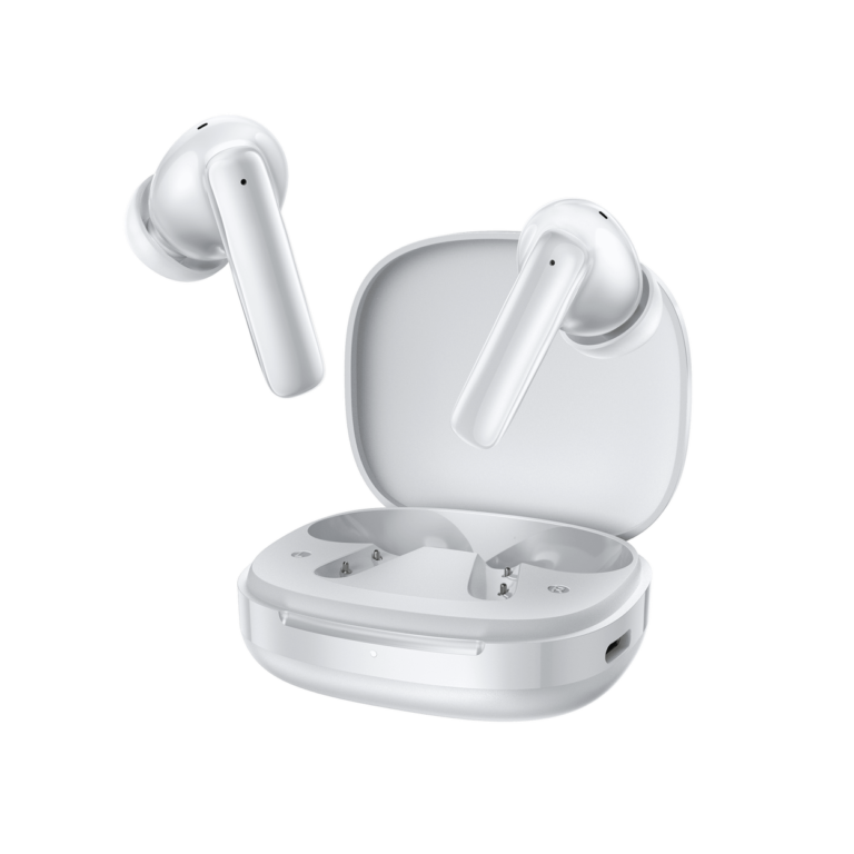 Open white wireless earbuds charging case with two earbuds visible, glossy finish and silicone tips, against a black background (close-up product shot).
