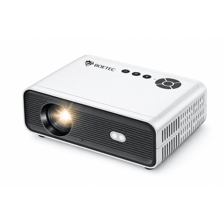 White portable projector viewed from front-left, lens glowing, BoETEC logo on top and vents on the side.