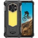 Rugged black smartphone case with a large built-in yellow LED panel on the back, shown on a phone screen displaying a mountain biker.