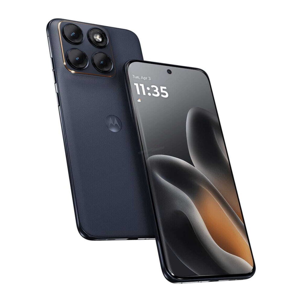 Blue Motorola smartphone shown from front and back, featuring a quad-camera rear module and edge-to-edge display.