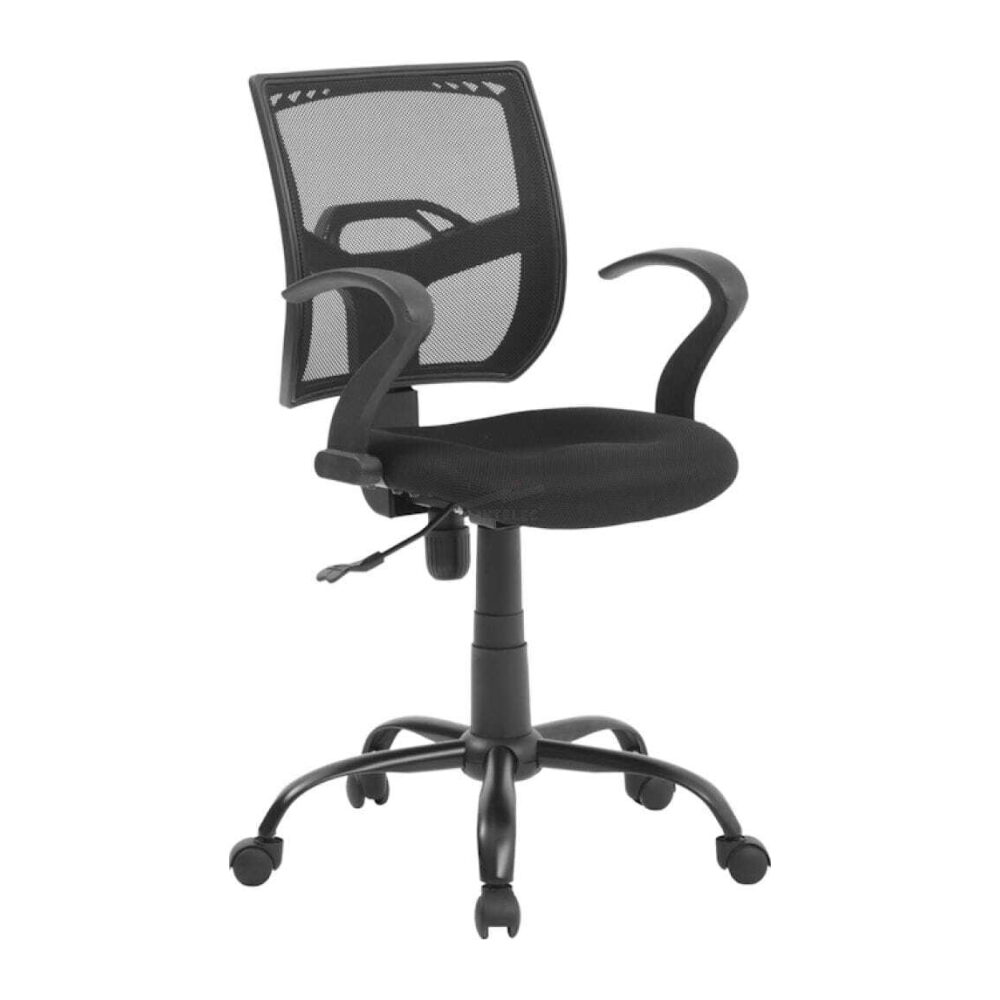 Ergonomic black office chair with mesh back, cushioned seat, adjustable armrests, and a five-c caster wheel base on a white background.