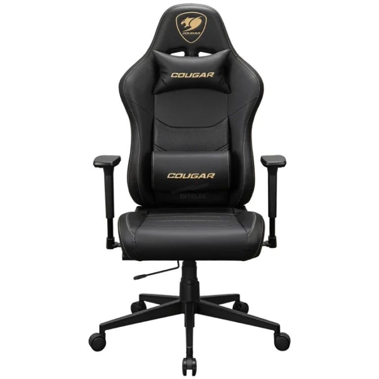 Black COUGAR ergonomic gaming chair with a contoured back, headrest cushion, and lumbar pillow on a five-star wheeled base