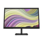 Front view of a black computer monitor on a stand displaying a vibrant abstract wallpaper with colorful swirling lines.