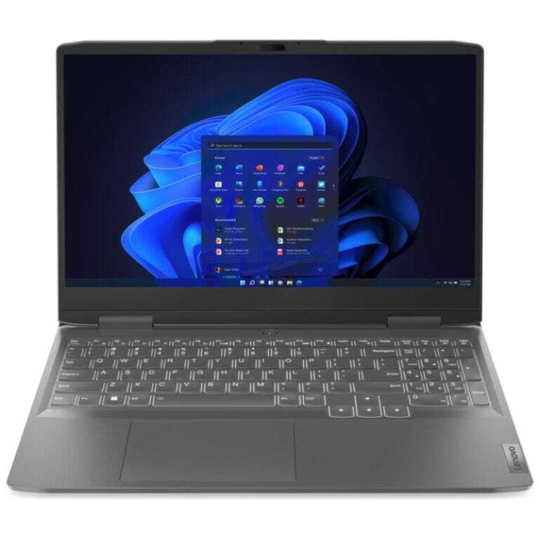 Open gray laptop showing Windows desktop with the Start menu on screen and blue wallpaper