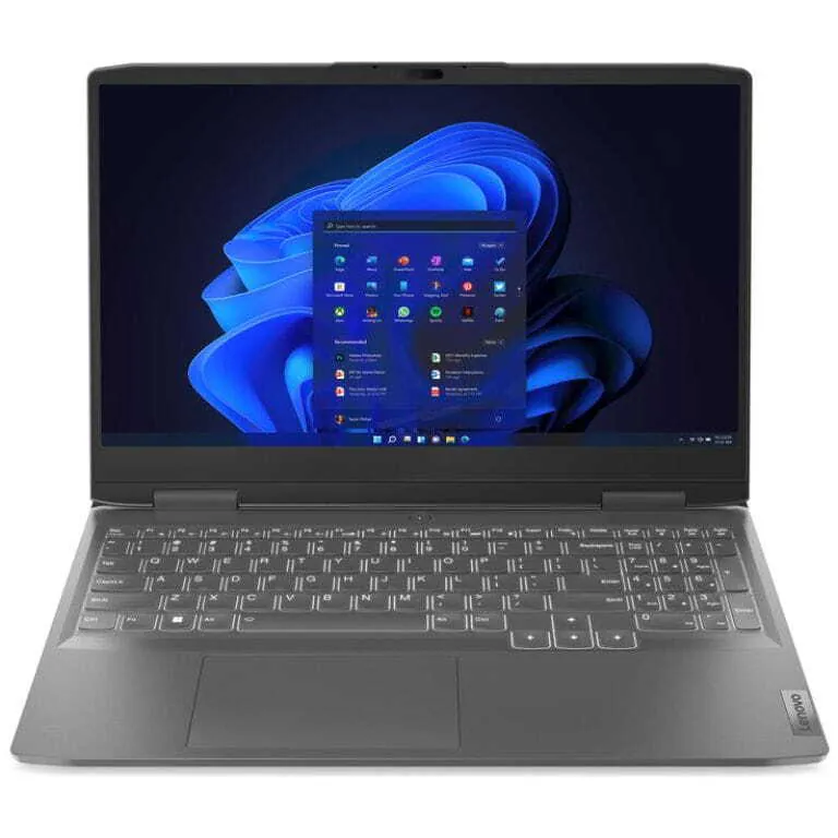 Open gray laptop showing Windows desktop with the Start menu on screen and blue wallpaper