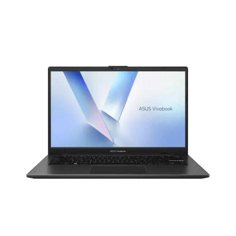 Front view of an open ASUS VivoBook laptop on a black background, screen visible with colorful wallpaper and 'ASUS Vivobook' logo on the bezel