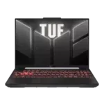 Front view of a black gaming laptop with red backlit keyboard; the screen displays a large TUF logo design.