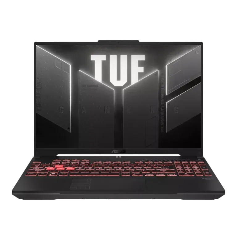 Front view of a black gaming laptop with red backlit keyboard; the screen displays a large TUF logo design.