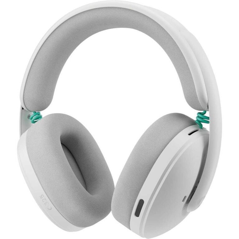 White over-ear headphones with padded gray ear cushions and a teal coiled cable visible at the hinges